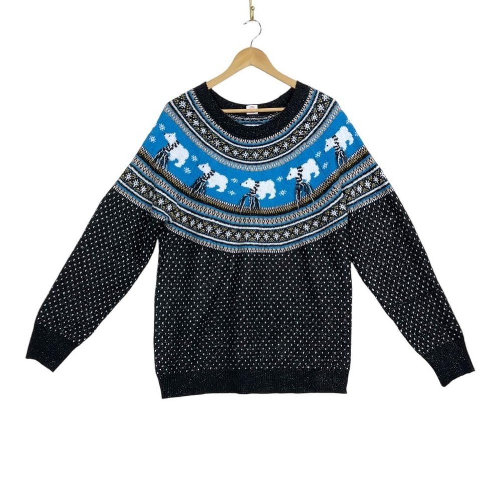 Holiday Time Black White and Blue Christmas Polar bear sweater Size X-Large